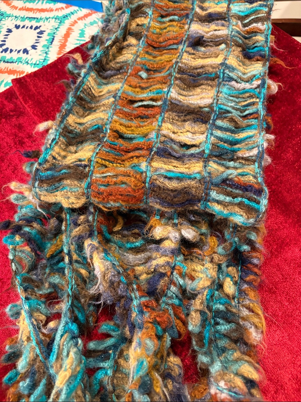 Handmade Multicolor Loose Knit Scarf with Fringe like new